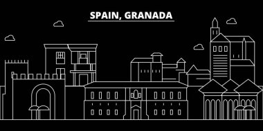 Granada siluet manzarası. İspanya - Granada vektör şehir, İspanyol doğrusal mimarisi, binalar. Granada seyahat illüstrasyon, anahat yerler. İspanya düz simgesi, İspanyol hat afiş