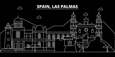 Las Palmas siluet manzarası. İspanya - Las Palmas vektör şehir, İspanyol doğrusal mimarisi, binalar. Las Palmas seyahat illüstrasyon, anahat yerler. İspanya düz simgesi, İspanyol hat afiş