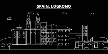 Logroño siluet manzarası. İspanya - Logroño vektör şehir, İspanyol doğrusal mimarisi, binalar. Logroño seyahat illüstrasyon, anahat yerler. İspanya düz simgesi, İspanyol hat afiş