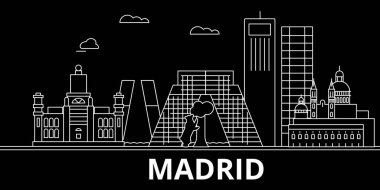 Madrid siluet manzarası. İspanya - Madrid vektör şehir, İspanyol doğrusal mimarisi, binalar. Madrid hattı seyahat illüstrasyon, yerler. İspanya düz simgesi, İspanyol anahat tasarım afiş