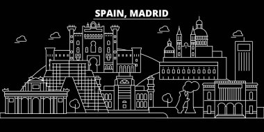Madrid şehir silueti manzarası. İspanya - Madrid şehir vektör şehir, İspanyol doğrusal mimarisi, binalar. Madrid şehir seyahat illüstrasyon, anahat yerler. İspanya düz simgesi, İspanyol hat afiş