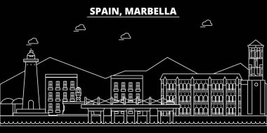 Marbella siluet manzarası. İspanya - Marbella vektör şehir, İspanyol doğrusal mimarisi, binalar. Marbella seyahat illüstrasyon, anahat yerler. İspanya düz simgesi, İspanyol hat afiş