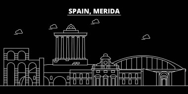 Merida siluet manzarası. İspanya - Merida vektör şehir, İspanyol doğrusal mimarisi, binalar. Merida seyahat illüstrasyon, anahat yerler. İspanya düz simgesi, İspanyol hat afiş