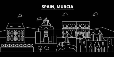 Murcia siluet manzarası. İspanya - Murcia vektör şehir, İspanyol doğrusal mimarisi, binalar. Murcia Seyahat illüstrasyon, anahat yerler. İspanya düz simgesi, İspanyol hat afiş