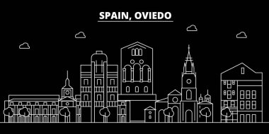 Oviedo siluet manzarası. İspanya - Oviedo vektör şehir, İspanyol doğrusal mimarisi, binalar. Oviedo seyahat illüstrasyon, anahat yerler. İspanya düz simgesi, İspanyol hat afiş