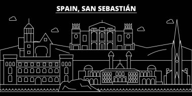 San Sebastian siluet manzarası. İspanya - San Sebastian vektör şehir, İspanyol doğrusal mimarisi. San Sebastian satır seyahat illüstrasyon, yerler. İspanya düz simgesi, İspanyol anahat tasarım afiş