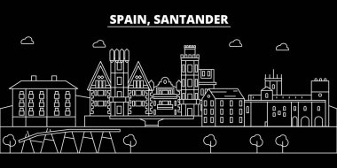 Santander siluet manzarası. İspanya - Santander vektör şehir, İspanyol doğrusal mimarisi, binalar. Santander seyahat illüstrasyon, anahat yerler. İspanya düz simgesi, İspanyol hat afiş