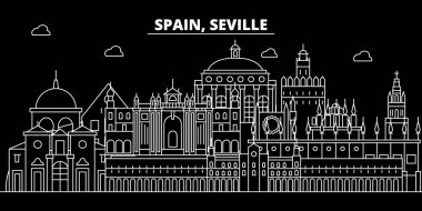 Seville siluet manzarası. İspanya - Seville vektör şehir, İspanyol doğrusal mimarisi, binalar. Seville Seyahat illüstrasyon, anahat yerler. İspanya düz simgesi, İspanyol hat afiş