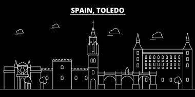 Toledo siluet manzarası. İspanya - Toledo vektör şehir, İspanyol doğrusal mimarisi, binalar. Toledo seyahat illüstrasyon, anahat yerler. İspanya düz simgesi, İspanyol hat afiş