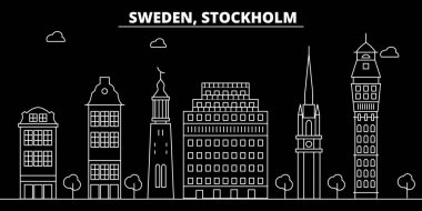 Stockholm siluet manzarası. İsveç - Stockholm vektör şehir, İsveç doğrusal mimarisi, binalar. Stokholm seyahat illüstrasyon, anahat yerler. İsveç düz simgesi, İsveçli hat afiş