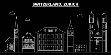 Zürih siluet manzarası. İsviçre - Zürih vektör şehri, swiss doğrusal mimarisi, binalar. Zürih Seyahat illüstrasyon, anahat yerler. İsviçre düz simgesi, swiss afiş hattı.