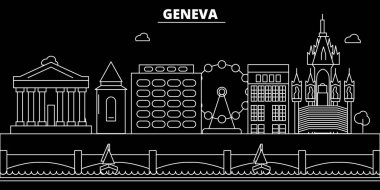 Geneva siluet manzarası. İsviçre - Geneva vektör şehir, swiss doğrusal mimarisi, binalar. Geneva seyahat illüstrasyon, anahat yerler. İsviçre düz simgesi, swiss afiş hattı.