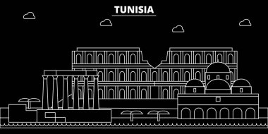 Tunus siluet manzarası, vektör şehir, Tunus doğrusal mimarisi, binalar. Tunus seyahat illüstrasyon, anahat landmarkflat simgesi, Tunus hat afiş