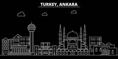 Ankara siluet manzarası. Türkiye - Ankara vektör kent, Türk doğrusal mimarisi, binalar. Ankara seyahat illüstrasyon, anahat yerler. Türkiye'de düz simgesi, Türk Hat afiş