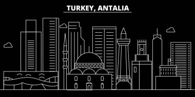 Antalia siluet manzarası. Türkiye - Antalia vektör şehir, Türk doğrusal mimarisi, binalar. Antalia seyahat illüstrasyon, anahat yerler. Türkiye'de düz simgesi, Türk Hat afiş