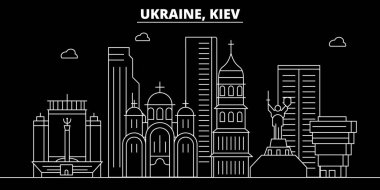 Kiev siluet manzarası. Ukrayna - Kiev vektör şehir, Ukraynalı doğrusal mimarisi, binalar. Kiev satır seyahat illüstrasyon, yerler. Ukrayna düz simgesi, Ukraynalı anahat tasarım afiş