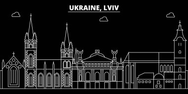 Lviv siluet manzarası. Ukrayna - Lviv vektör şehir, Ukraynalı doğrusal mimarisi, binalar. Lviv seyahat illüstrasyon, anahat yerler. Ukrayna düz simgesi, Ukraynalı hat afiş
