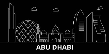 Abu Dabi siluet manzarası. Birleşik Arap Emirlikleri - Abu Dabi vektör şehir, Arap doğrusal mimarisi. Abu Dabi satır seyahat illüstrasyon, yerler. Birleşik Arap Emirlikleri düz simge, Arap anahat tasarım