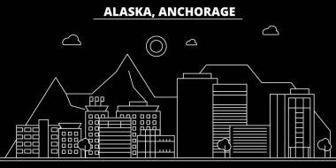Anchorage siluet manzarası. ABD - Anchorage vektör şehir, doğrusal mimari, binalar. Anchorage seyahat illüstrasyon, anahat yerler. ABD düz simgesi, Amerikan hat afiş