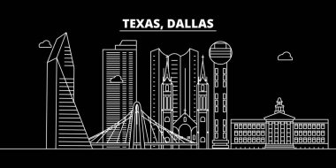 Dallas siluet manzarası. ABD - Dallas vektör şehir, doğrusal mimari, binalar. Dallas seyahat illüstrasyon, anahat yerler. ABD düz simgesi, Amerikan hat afiş