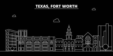 Fort Worth siluet manzarası. ABD - Fort Worth vektör şehir, doğrusal mimari, binalar. Fort Worth seyahat illüstrasyon, anahat yerler. ABD düz simgesi, Amerikan hat afiş