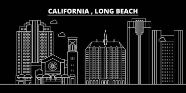 Long Beach siluet manzarası. ABD - Long Beach vektör şehir, doğrusal mimari, binalar. Long Beach seyahat illüstrasyon, anahat yerler. ABD düz simgesi, Amerikan hat afiş