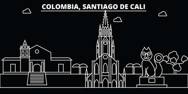 Skyline de Santiago de Cali. Colombia - Ciudad vectorial Santiago de Cali, arquitectura lineal colombiana. Ilustración de viajes de Santiago de Cali, esbozar hitos. Icono plano de Colombia, bandera de línea colombiana — Archivo Imágenes Vectoriales