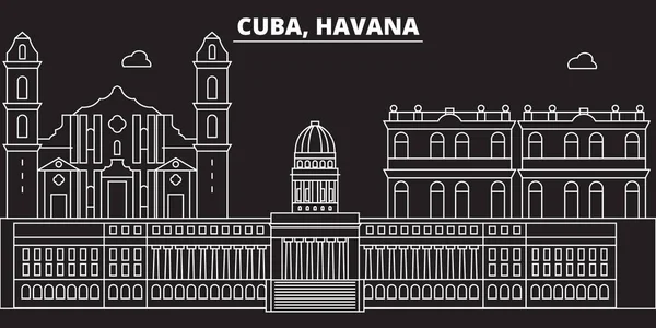 Skyline silueta de La Habana. Cuba Ciudad vectorial habanera, arquitectura lineal cubana, edificios. La Habana ilustración de viajes en línea, puntos de referencia. Icono plano de Cuba, pancarta de diseño de contorno cubano — Vector de stock