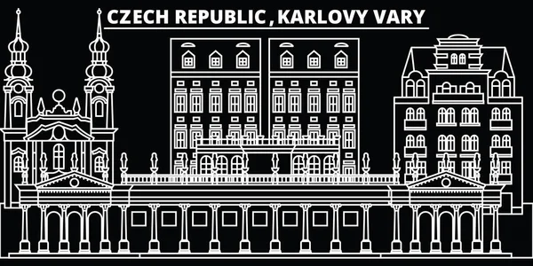 De skyline van de silhouet van Karlovy Vary. Tsjechië - Karlovy Vary vector stad, Tsjechisch lineaire architectuur. Karlovy Vary reizen illustratie, overzicht monumenten. Tsjechië platte pictogram, Tsjechische lijn banner — Stockvector