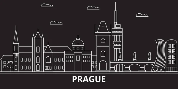 Sylwetka panoramę Pragi. Czechy - wektor miasta Pragi, Czeskiej architektury liniowe. Ilustracja podróży miasta Praga, zabytki konspektu. Republika Czeska płaskie ikona, transparent czeskich linii — Wektor stockowy