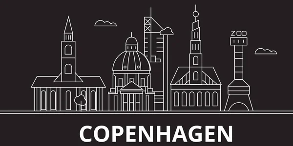 Skyline della silhouette di Copenaghen. Danimarca Copenaghen città vettoriale, architettura lineare danese, edifici. Copenaghen viaggi illustrazione, punti di riferimento. Danimarca icona piatta, bandiera della linea danese — Vettoriale Stock