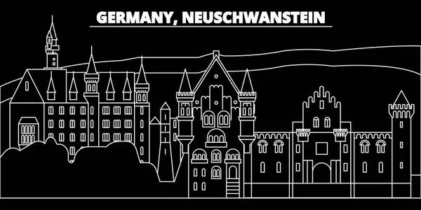 Neuschwanstein Panorama. Německo - Neuschwanstein vektor město, německý lineární architektura, budovy. Neuschwanstein cestovní ilustrace, přehled památek. Německo ploché ikony, německé linie nápisu — Stockový vektor
