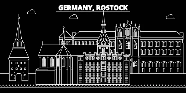 Rostock siluet manzarası. Almanya - Rostock vektör şehir, Alman doğrusal mimarisi, binalar. Rostock seyahat illüstrasyon, anahat yerler. Almanya düz simgesi, Alman hat afiş