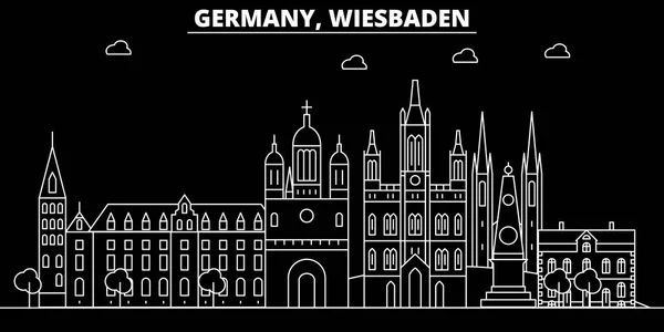 Wiesbaden silueta Panorama. Německo - Wiesbaden vektor město, německý lineární architektura, budovy. Wiesbaden linie cestování ilustrace, zajímavosti. Německo ploché ikony, německý obrys konstrukce nápisu — Stockový vektor