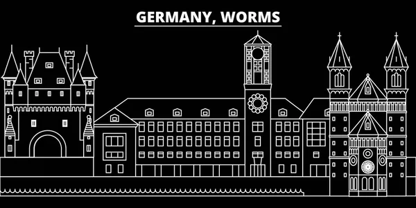 Sílhueta de vermes no horizonte. Alemanha - Worms vector city, arquitetura linear alemã, edifícios. Worms viagem ilustração, marcos esboço. Alemanha ícone plana, banner linha alemã — Vetor de Stock