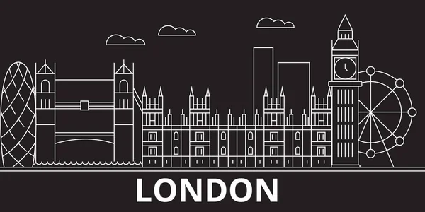 Línea de silueta londinense. Gran Bretaña - ciudad vectorial de Londres, arquitectura lineal británica, edificios. Londres ilustración de viajes, esbozar puntos de referencia. Gran Bretaña icono plano, bandera de línea británica — Vector de stock