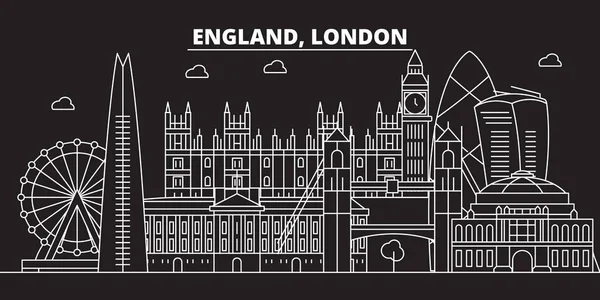 Londýnské Panorama siluetu. Velká Británie - Londýn vektorové město, britský lineární architektura, budovy. Londýn cestování ilustrace, přehled památek. Velká Británie ploché ikony, britské linie nápisu — Stockový vektor