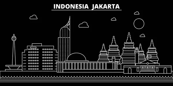 Die Silhouette von Jakarta. Indonesien - jakarta vektorstadt, indonesische lineare architektur, gebäude. Jakarta Reiseillustration, umreißt Sehenswürdigkeiten. Indonesien flaches Symbol, indonesisches Linienbanner — Stockvektor