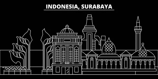 Linha do horizonte da silhueta de Surabaya. Indonésia - Surabaya vetor cidade, arquitetura linear indonésia, edifícios. Surabaya ilustração viagem, marcos esboço. Ícone plano da Indonésia, banner de linha indonésia — Vetor de Stock