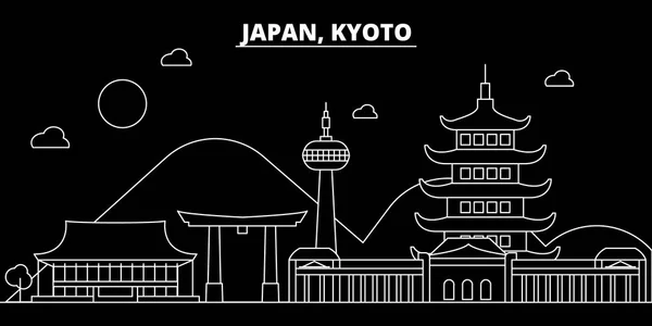 Línea de silueta de Kioto. Japón - ciudad vector de Kioto, arquitectura lineal japonesa, edificios. Ilustración de viaje de Kioto, esbozar puntos de referencia. Icono plano de Japón, bandera de línea japonesa — Archivo Imágenes Vectoriales