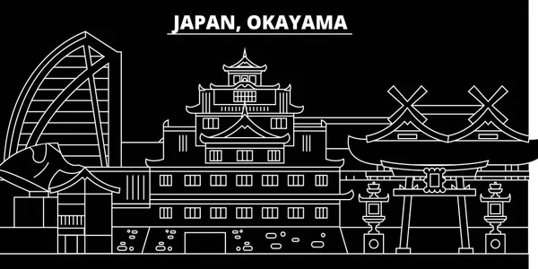 Línea de silueta Okayama. Japón Ciudad vectorial de Okayama, arquitectura lineal japonesa, edificios. Ilustración de viajes de Okayama, delinear puntos de referencia. Icono plano de Japón, bandera de línea japonesa — Vector de stock