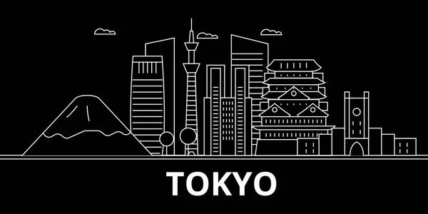 Lo skyline della silhouette di Tokyo. Giappone Tokyo città vettoriale, architettura lineare giapponese, edifici. Tokyo viaggi illustrazione, contorno punti di riferimento. Giappone icona piatta, bandiera della linea giapponese — Vettoriale Stock