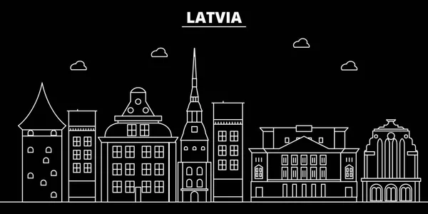 Lettland Silhouette Skyline, Vektorstadt, Lettland lineare Architektur, Gebäude. Lettland Reise-Illustration, Umriss Landmarkflat Symbol, Lettland Linie Banner — Stockvektor