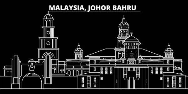 Línea de silueta Johor Bahru. Malasia Ciudad vectorial Johor Bahru, arquitectura lineal malaya. Johor Bahru ilustración de viaje, esbozar puntos de referencia. Icono plano de Malasia, bandera de línea malaya — Archivo Imágenes Vectoriales