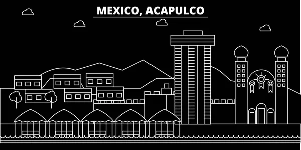 Línea de silueta de Acapulco. México Ciudad vectorial de Acapulco, arquitectura lineal mexicana, edificios. Ilustración de viajes de Acapulco, delinear puntos de referencia. México flat icon, bandera de línea mexicana — Vector de stock
