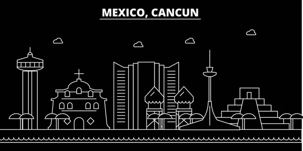 Línea del horizonte de la silueta Cancún. México Ciudad vectorial de Cancún, arquitectura lineal mexicana, edificios. Ilustración de viajes de Cancún, esbozar puntos de referencia. México flat icon, bandera de línea mexicana — Vector de stock