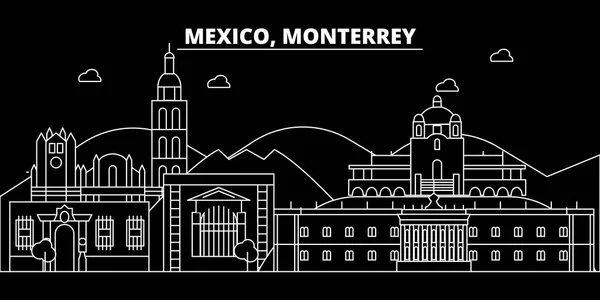 Skyline silueta Monterrey. México Ciudad vectorial de Monterrey, arquitectura lineal mexicana, edificios. Monterrey ilustración de viajes, esbozar los puntos de referencia. México flat icon, bandera de línea mexicana — Vector de stock