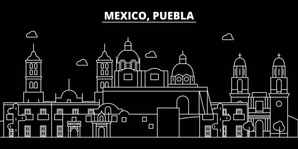 Línea de silueta Puebla. México Ciudad vectorial de Puebla, arquitectura lineal mexicana, edificios. Puebla ilustración de viajes, esbozar puntos de referencia. México flat icon, bandera de línea mexicana — Vector de stock