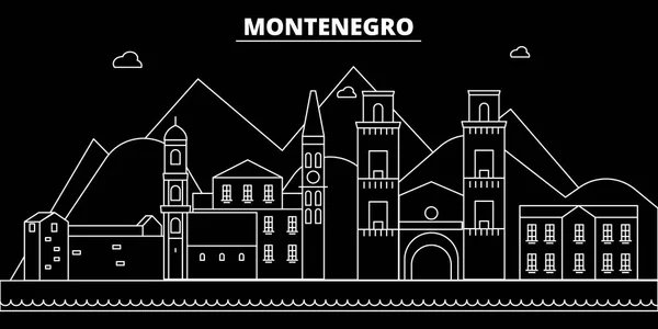 Montenegro silhouette skyline, città vettoriale, architettura lineare montenegrina, edifici. Montenegro viaggi illustrazione, contorno landmarkicona piatta, bandiera linea montenegrin — Vettoriale Stock