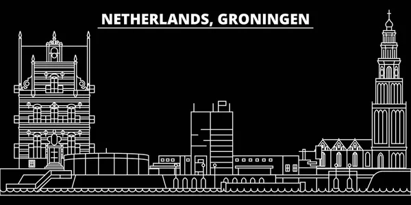 Línea de silueta de Groningen. Países Bajos - Groninga ciudad vectorial, arquitectura lineal holandés, edificios. Groninga ilustración de viaje, esbozar puntos de referencia. Países Bajos icono plano, bandera de línea holandesa — Vector de stock